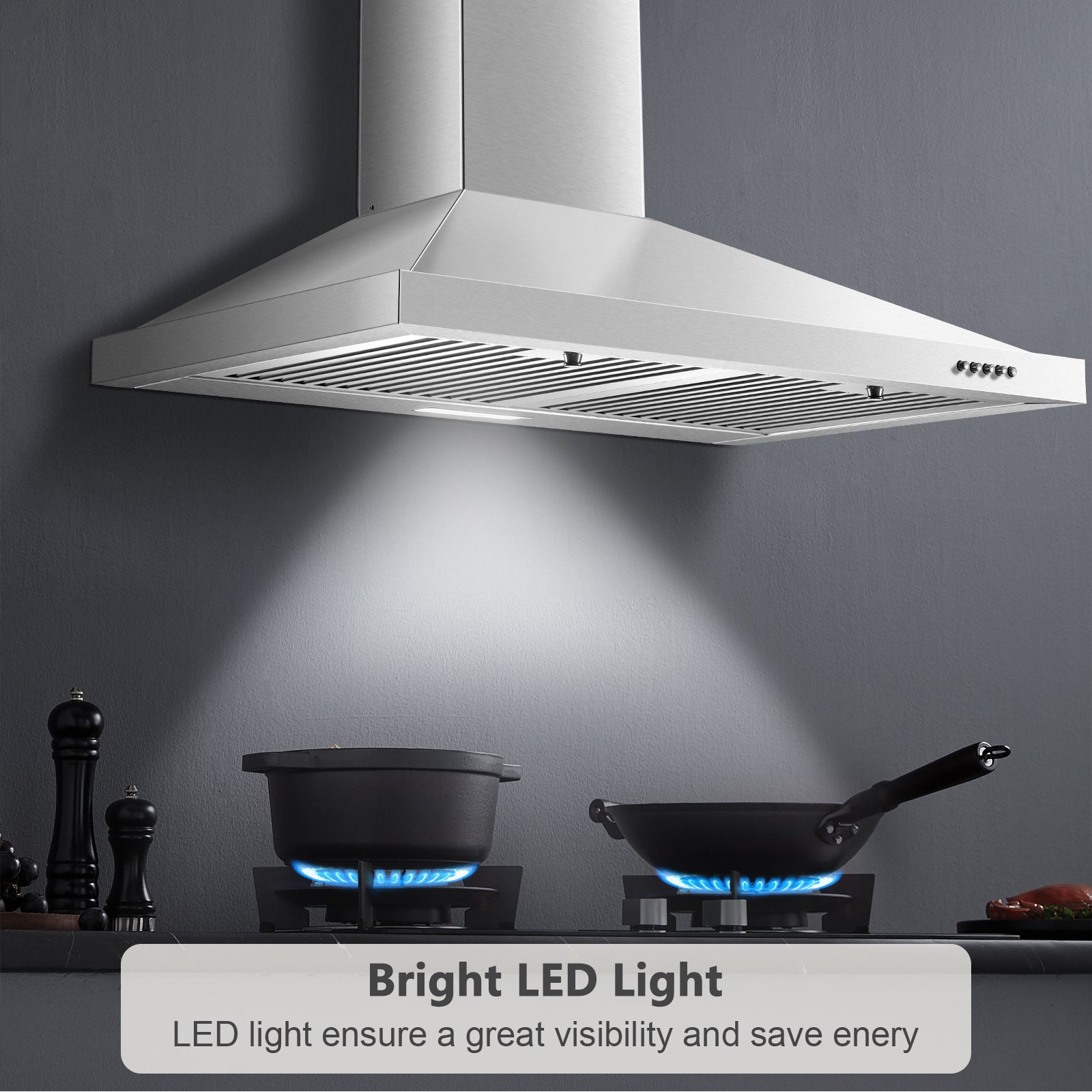 30-Inch Stainless Steel Kitchen Range Hood, 450 CFM, Wall-Mounted Design, with 2 Baffle Filters, 3-Speed Fan, Push-Button Control & LED Lighting/