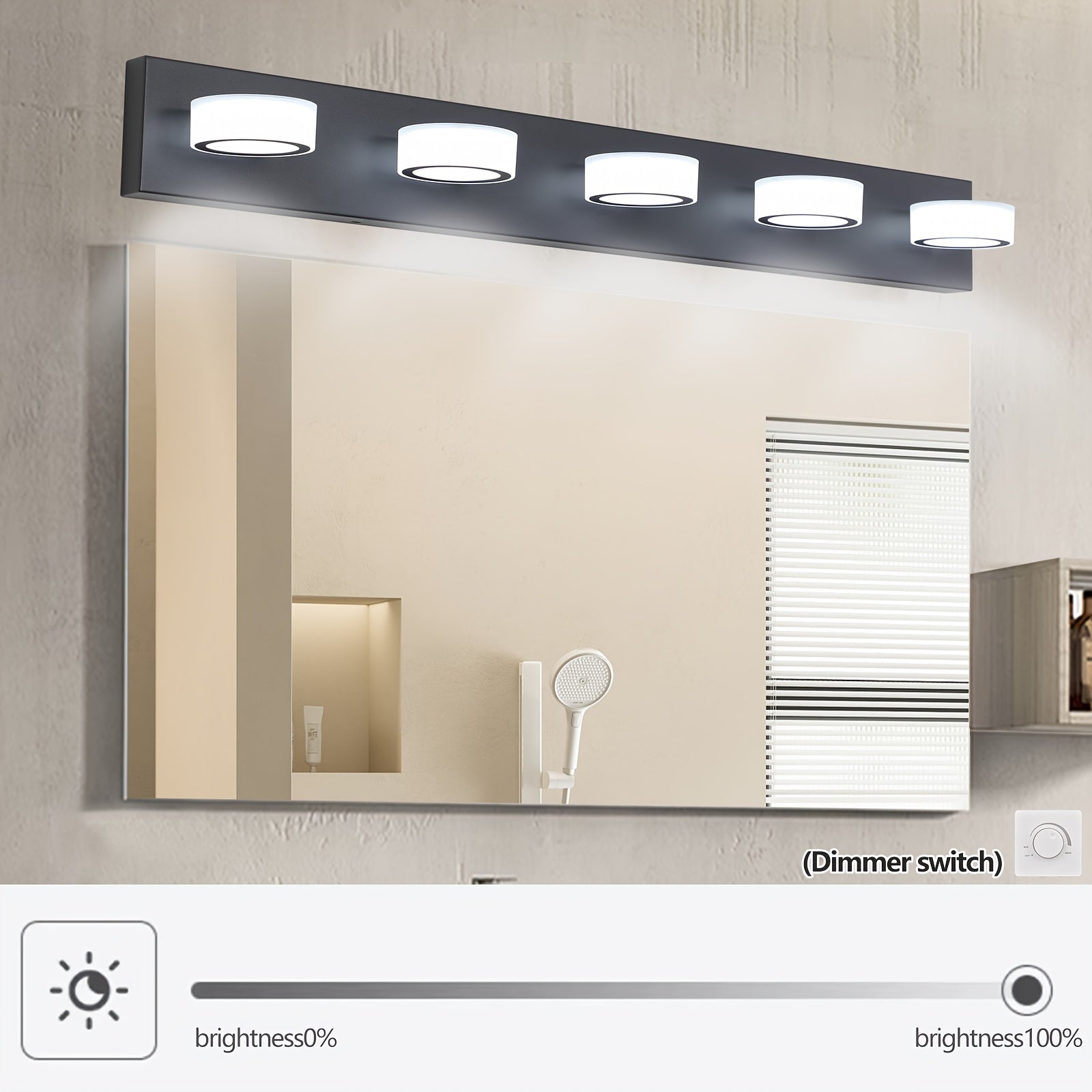 37-Inch 5-Light Bathroom Vanity Light, Elegant Modern Bathroom Wall Light, 360° Rotatable Vanity Light, with LED Light Source and Acrylic Shade, Dimmable, Suitable for Bathroom, Living Room, Bedroom (Black)