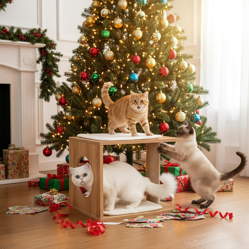 1个木制现代猫树和猫公寓 - 木制室内猫屋，舒适猫床，高架平台和集成猫抓柱 - 时尚猫咪家具