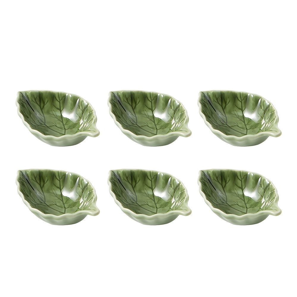 4/6pcs 40ml / 1.35oz Ceramic Dip Dish – Cute Green Leaf Soy Sauce Dish – Heat-Resistant Ceramic Espresso Measure Cup – Perfect for Serving Coffee, Sauce, Honey &amp; Milk – Espresso Bar Table Décor