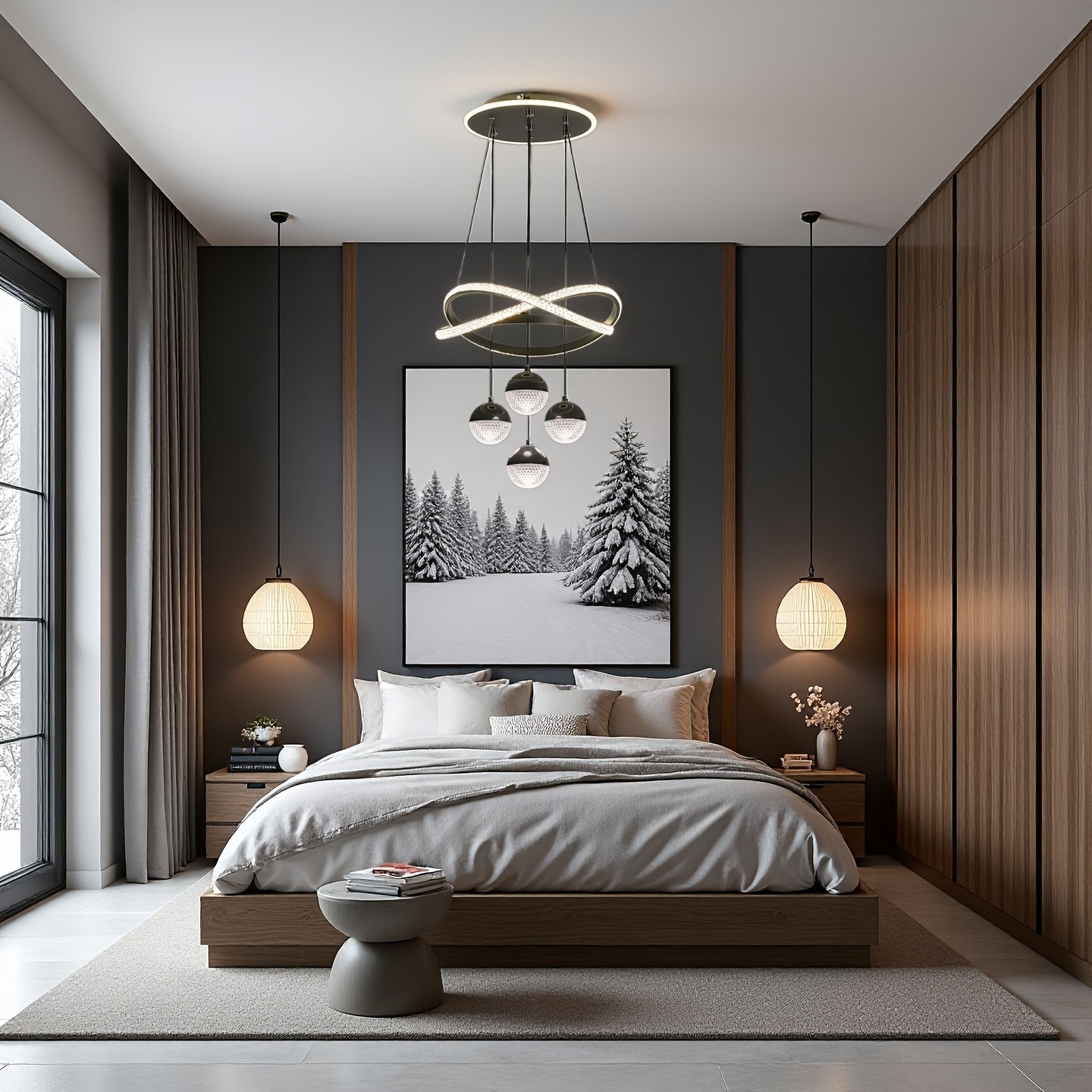 Stylish pendant light with four spherical lamp heads and a ring light, three color temperatures, height adjustable, suitable for dining room, bedroom, villa, living room, study