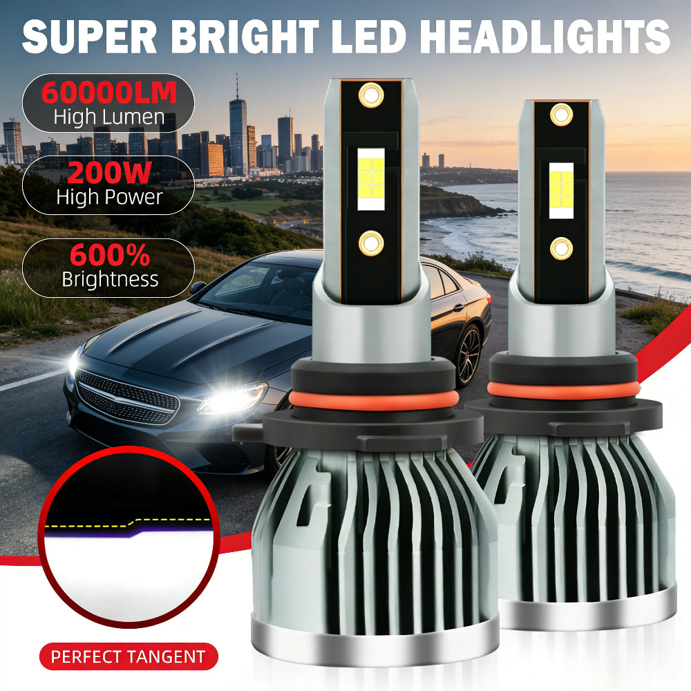 -Pack LED Headlights 60000 Lumens High Brightness 200W High Power 600% Brightness Increase 6000K White Light Output Equipped with High-Efficiency Turbo Fan Cooling Design Fits Most Car Models Plug-and-Play