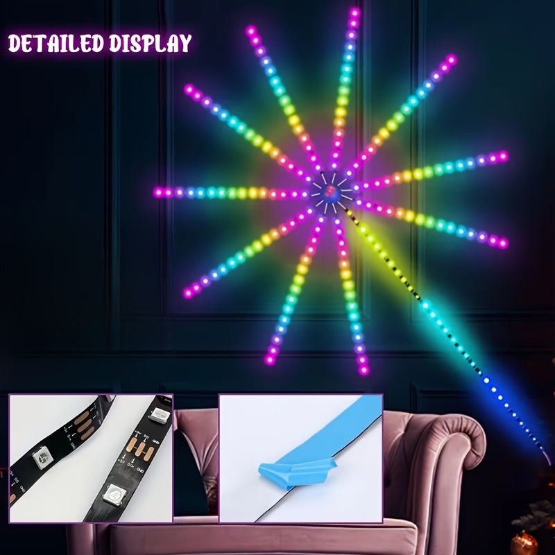 RGB 智能烟花灯带，遥控器控制，多种灯光模式，音乐同步RGB ，梦幻色彩LED灯条USB接口供电 – 适用于室内派对、圣诞装饰、智能家居装饰氛围，节日送礼的完美选择
