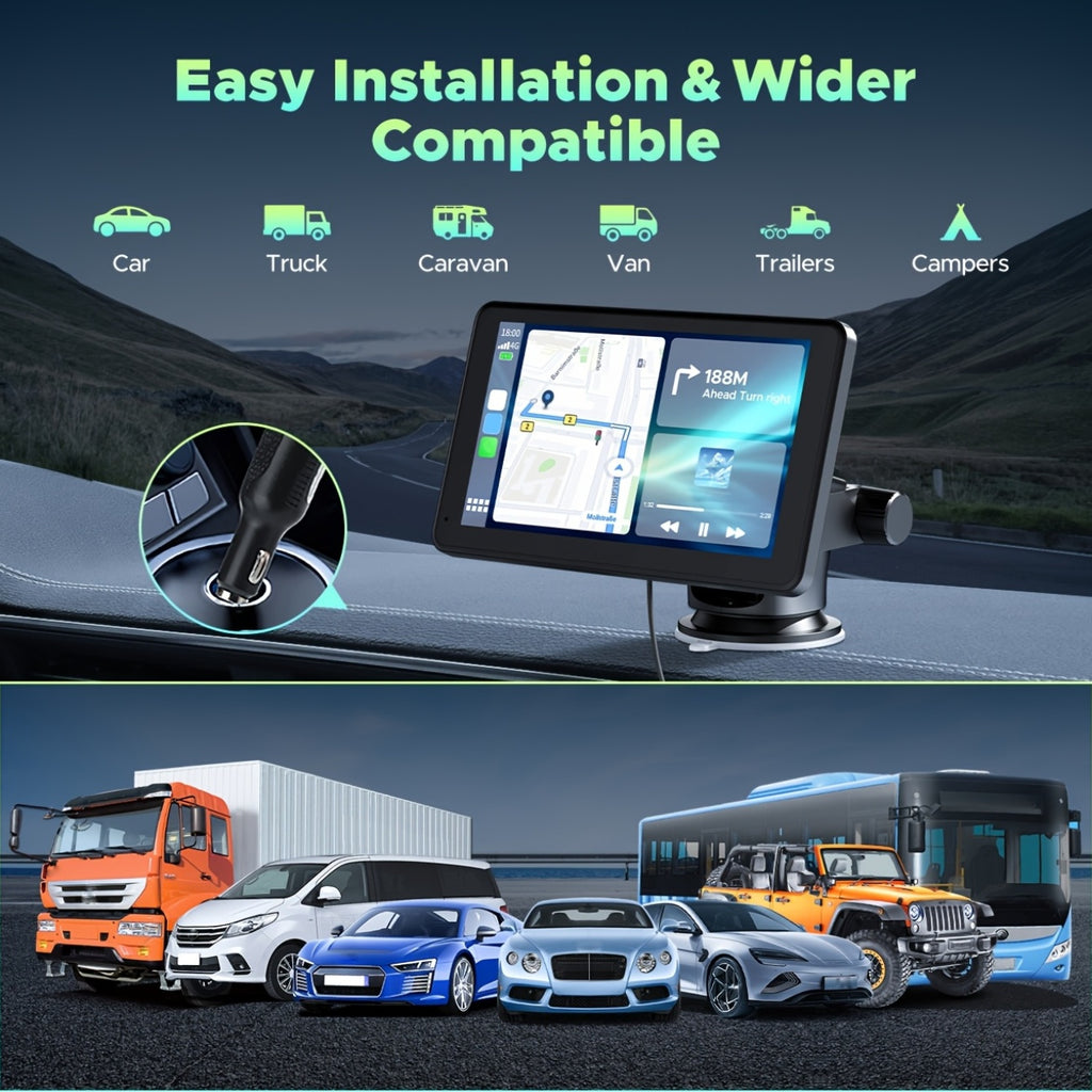 Lamtto Carplay Car Display, 7-Inch Wireless Portable Device, Compatible with Android System, Features GPS Navigation, Screen Mirroring, Voice Control & AUX/FM Functions