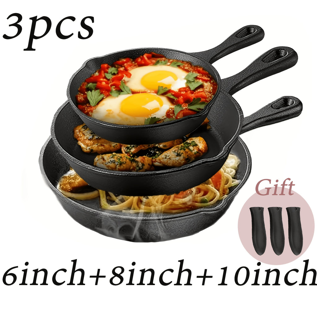 3/4 Pcs Cast Iron Skillet Set, Excellent Heat Retention, Indoor & Outdoor Cooking Available, Restaurant Chef Grade Frying Pan, Ideal for Cooking & Gifting, Local Warehouse Shipping