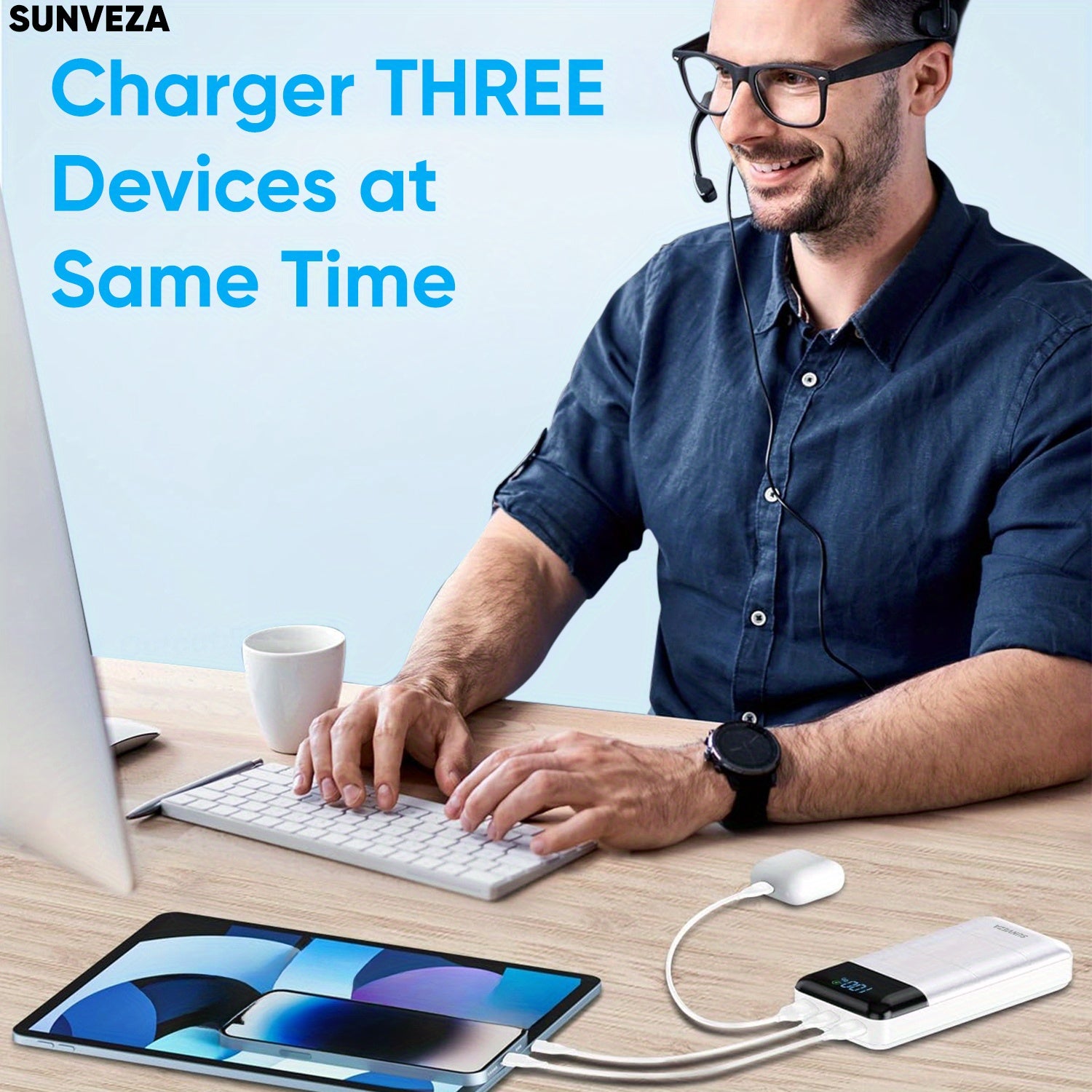Portable Charger 32000mAh Large Capacity Power Bank with Built-in Cable, Fast Charging + Type-c Input/ Output Ports, Battery Pack with LED Display, Compatible with and more!