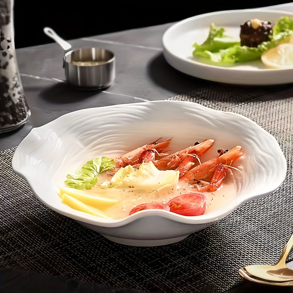 1 Piece Elegant White Ceramic Dessert & Salad Bowl, 8.4 Inches Lotus Design, Microwave Safe – Perfect for Noodles, Cereal, Soup | Novel Tableware for Home, Restaurant, Noodle Bowl