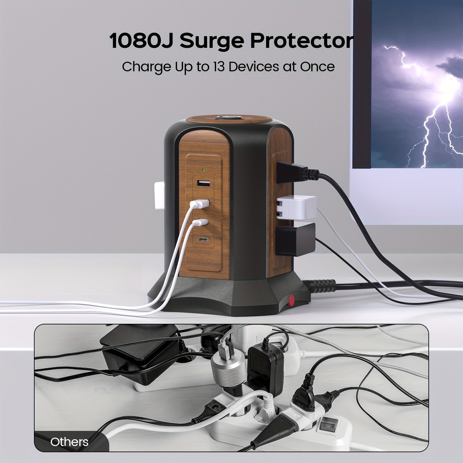 13-in-1 PD Power Strip Tower Surge Protector USB C Desktop Charging Station With 9 Widely Spaced AC Outlets 2 USB-C 2 USB-A Ports 8.8ft Heavy-Duty Extension Cord For Home Office Dorm Bedroom Kitchen Garage, Wood Grain