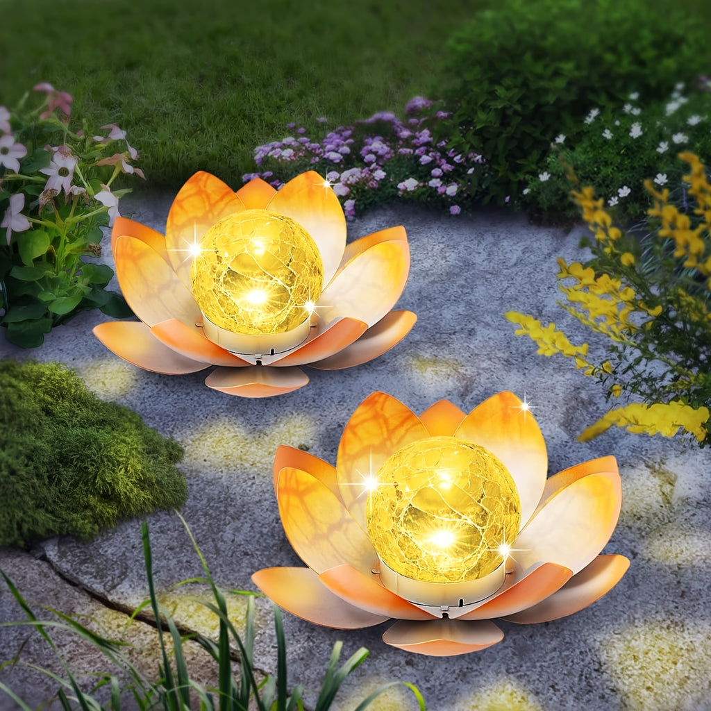 2 Pack Outdoor Solar Pink Lotus Light, Wrought Iron Garden Decoration, LED Light with Cracked Glass Ball, IPX4 Waterproof Rating, Perfect for Patio, Lawn, Terrace, Tabletop, Gift for Mom