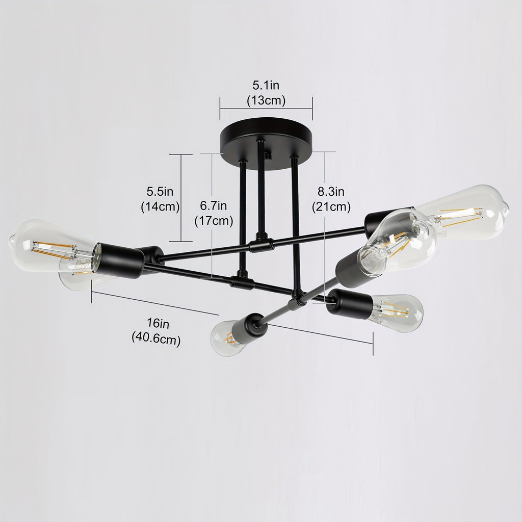 Modern 6-light semi-flush mount pendant light, black metal frame, elegant chandelier for living room, dining room, bedroom, E26 bulb socket, bulb not included