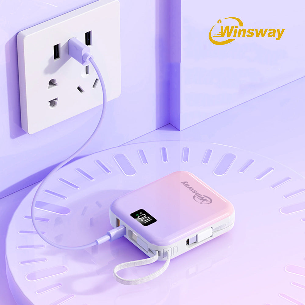 Winsway 10000mAh mini gradient color convenient mobile power bank, built-in USB-C cable, dual line 2-in-1, 22.5W fast charging portable charger, LED display screen, portable for boarding, outdoor travel, preferred gift giving