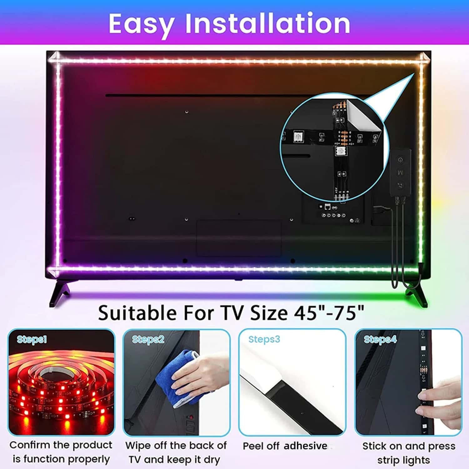 USB RGB LED电视背光灯套装，3535贴片柔性灯带配24键遥控器，可调光氛围灯，适用于32-65英寸电视及电脑显示器，自带背胶易于安装