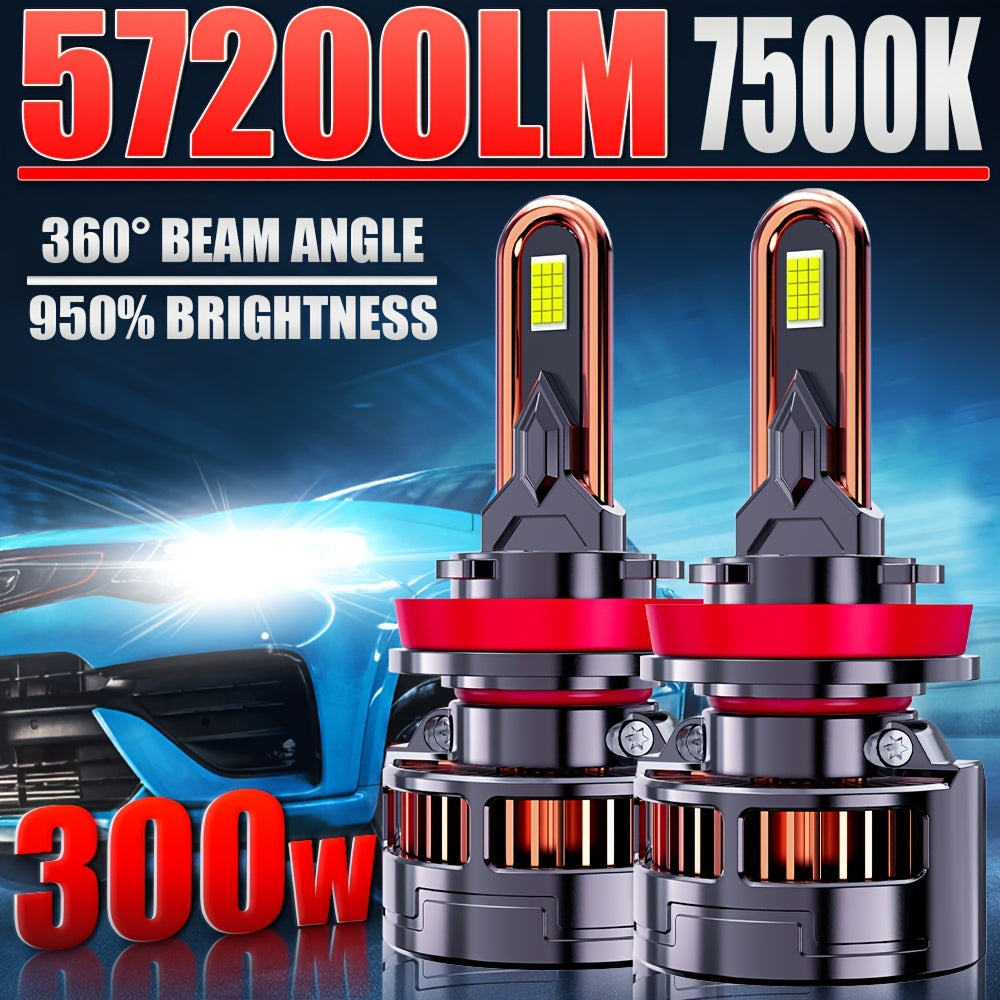 2pcs LED Car LED Headlight Bulbs, 7500K, 950% Brightness, 57200LM, Plug-and-Play, 300W, 9H1, H4, 9003, HB2, H7, H18, H8, H9, H11, H16, 9005, HB3, 9006, HB4, 9012, HIR2, Aluminum, 12-24V, 9570 CSP CHIP, No Battery Included