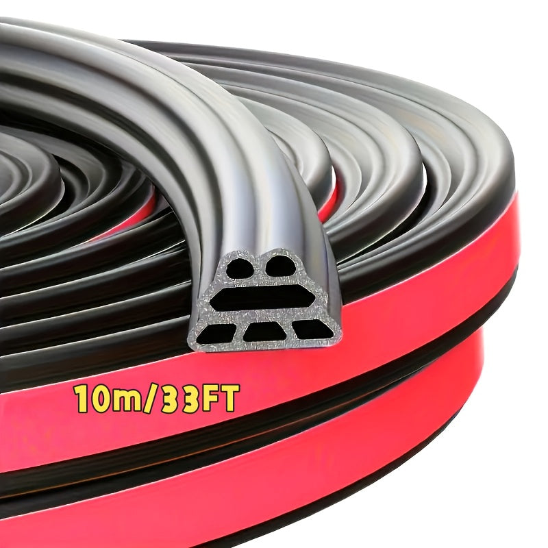 33FT Self-Adhesive Rubber Car Door Seal Strip - Waterproof, Noise Reduction, Multi-Chamber Design, Suitable for Front Doors, Hood and Trunk, Available in Two Sizes: 33FT and 16.4FT
