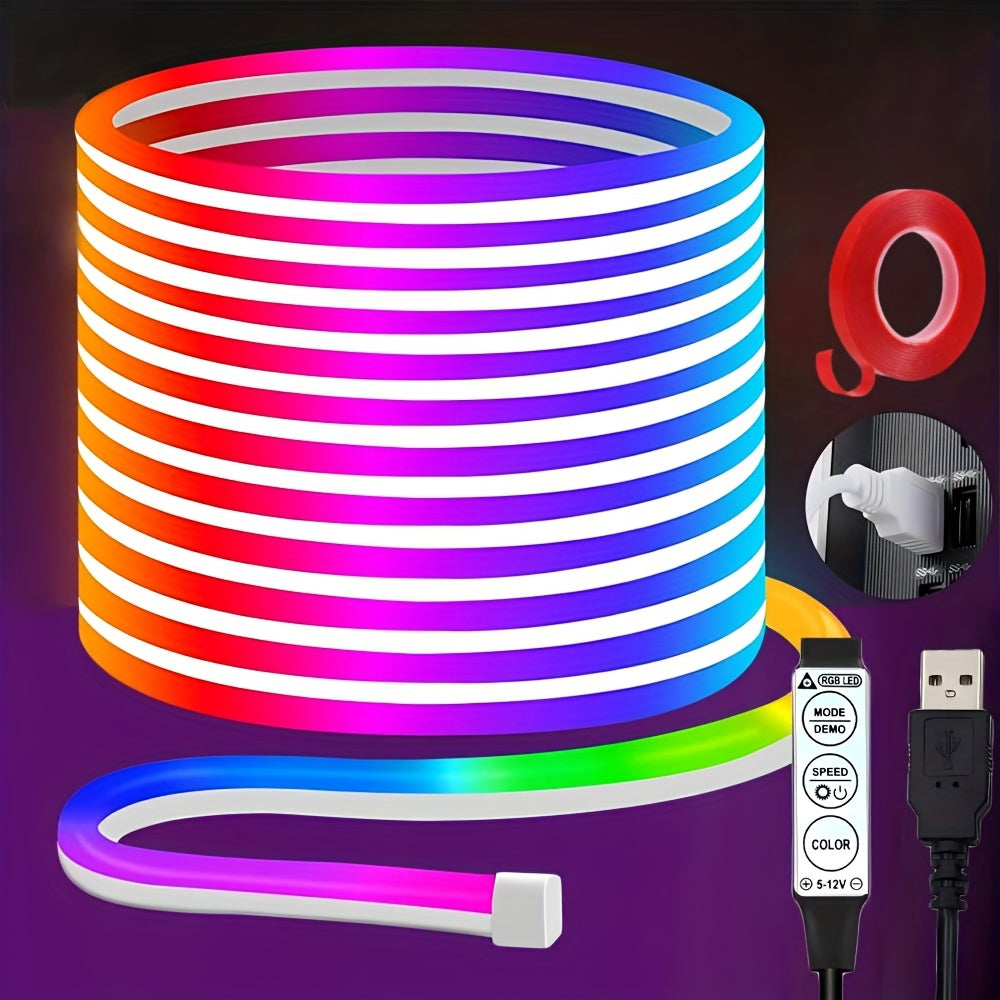 5V USB RGB霓虹LED灯带 39.37英寸/118.11英寸/196.85英寸 可弯曲夜光灯，3键遥控，多色调亮度可调，USB供电，适用于卧室、客厅、圣诞节、派对、婚礼、家庭装饰及咖啡馆内饰照明