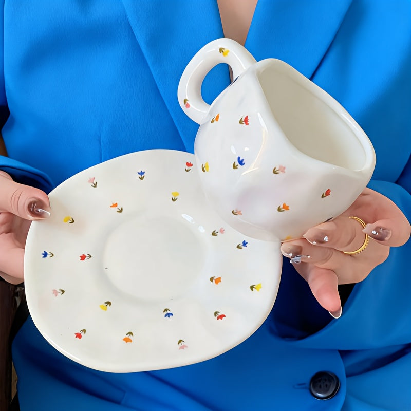 High-Quality Ins Style Youthful Feel Cup Holder, Ceramic Coffee Cup, High-Appeal Afternoon Tea Cup Set with Saucer, Capacity 8.45oz, Comfortable Grip, Perfect for Holiday Gifts