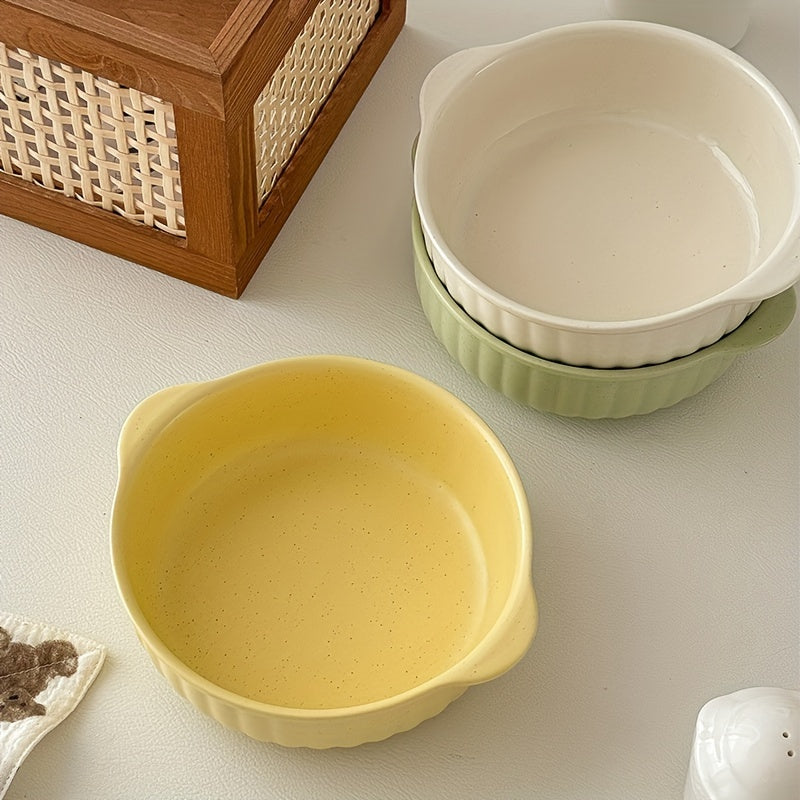 1 Ceramic Bowl with Ear Handles, Large Capacity Ceramic Plate, Soup Bowl, Salad Bowl, Noodle Bowl, Oven & Microwave Safe, Dinnerware, Kitchen Supplies for Salad, Fruit, Pasta, Kitchenware, Tableware Accessories/