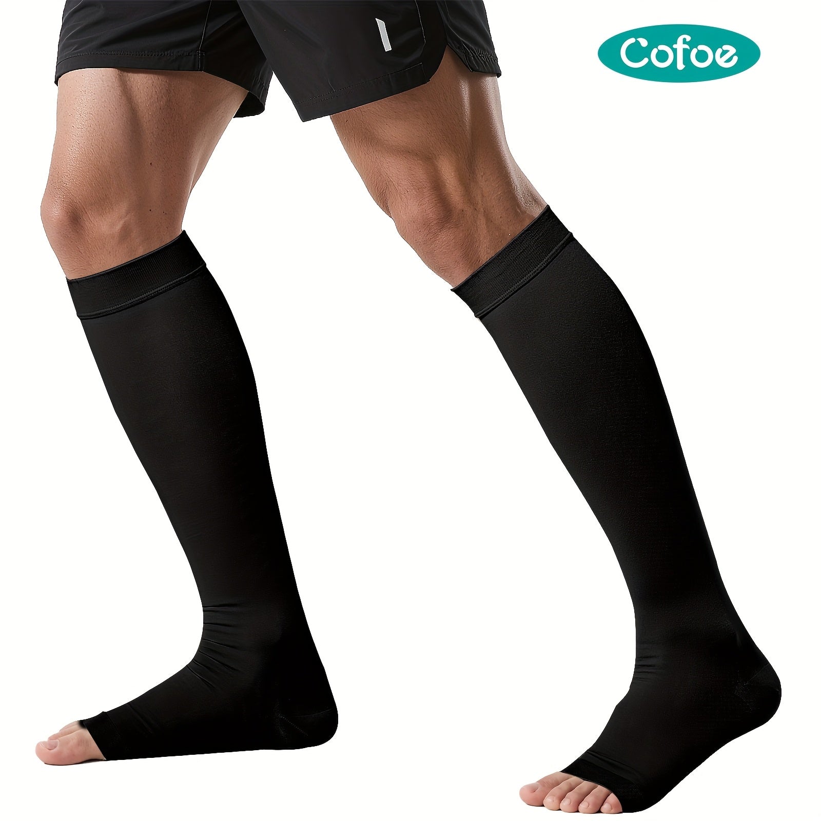 COFOE - 男女通用膝高压缩袜 22-32mmHg (80% 尼龙/20% 氨纶) - 渐进压力适用于静脉曲张、跑步、运动和旅行 - 全天候弹性开口及腿部护理紧身袜