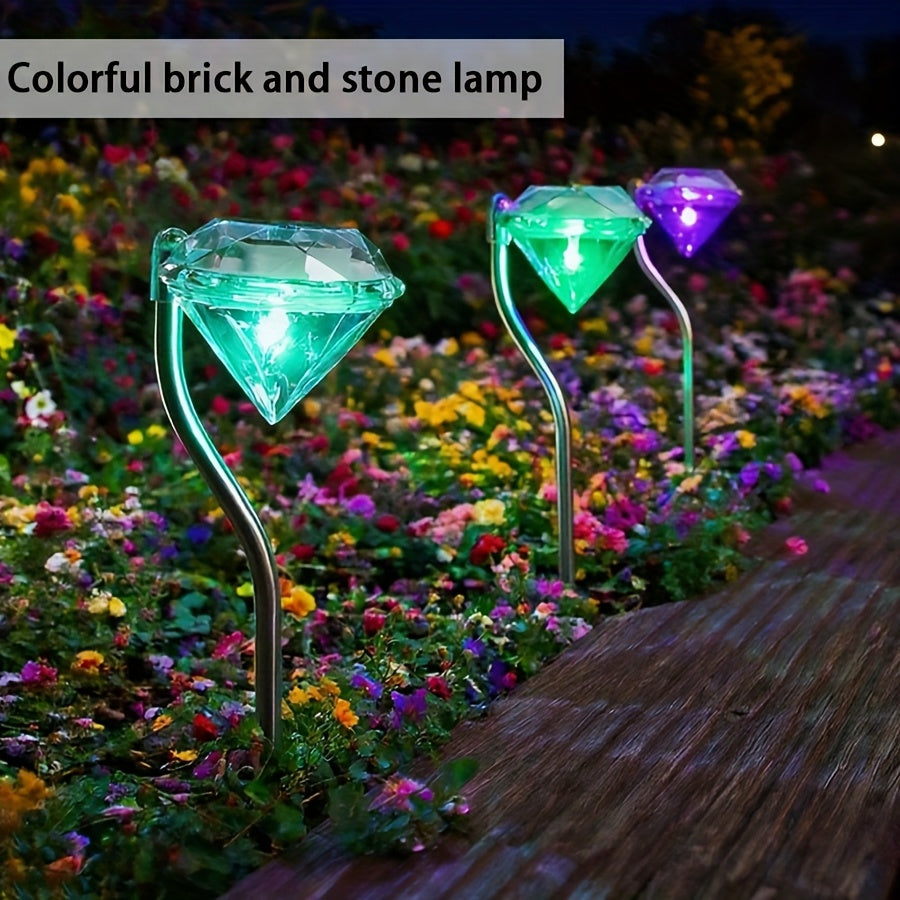 4 Pack Solar Diamond Shape Light Set, Designed for Outdoor Use with Rainproof Function. These LED Lawn Lights Feature Simple Semi-Flush Mount Installation with Stainless Steel Tube.
