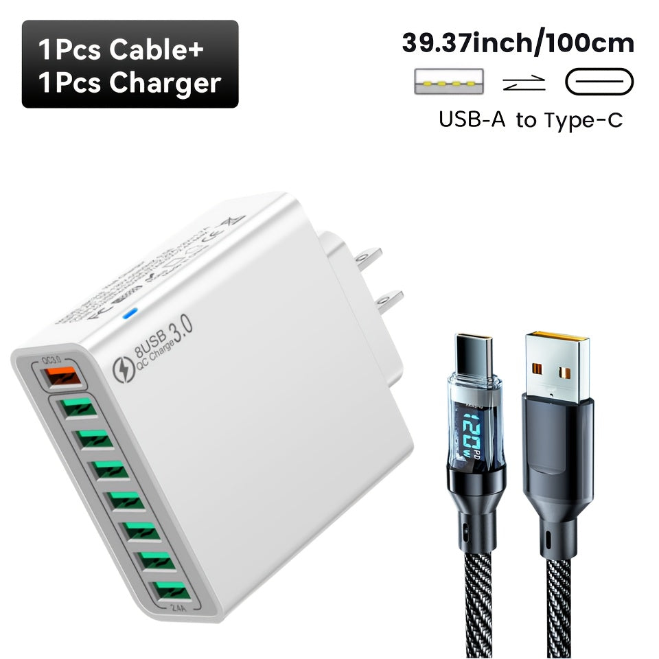 8-Port USB Charger with Quick Charge Fast Charging US Plug, 3-Phase AC Charging for Mobile Phones, Tablets, And Smartphones. Compact Design, Efficient Charger for Devices, Modern Charging Technology, Versatile Wall Charger