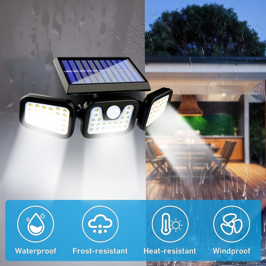 (1/2 Pack) Solar Outdoor 3-Head Motion Sensor Wall Light, Solar Fence Light, [74 LEDs / 3 Modes] 270° Wide Angle Illumination, IP65 Waterproof Outdoor Light, Perfect for Garden, Courtyard, Street, Garage, Patio and Porch Lighting.