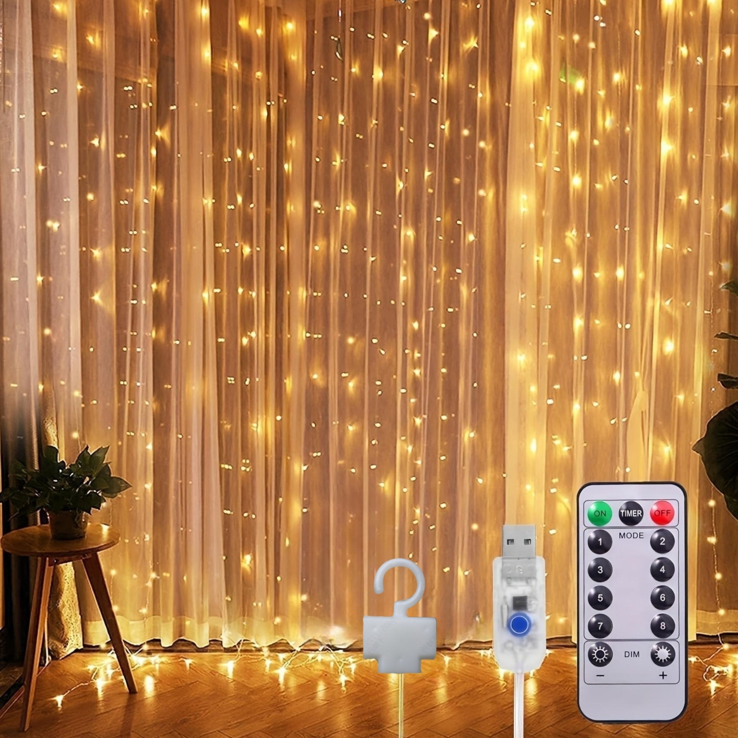 Ledoor 提供一套窗帘灯，包含 100、200 或 300 个 LED，适用于卧室。这些暖光灯有 3.3、6.5 或 9.8 英尺 x 9.8 英尺的尺寸可选。它们具有 8 种不同的照明模式，并包括一个遥控器。这些 USB 供电灯具。