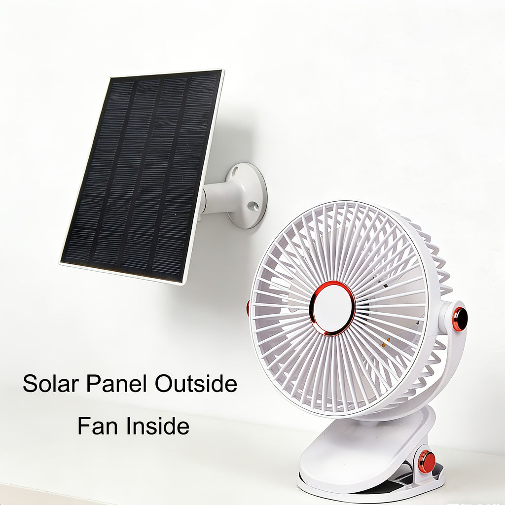 Solar Camping Fan Light - 5-Speed Rechargeable Clip-On Fan, Dual Power Supply (Solar & Battery), Built-in Rechargeable Lithium Battery, USB Charging Port and 5V Solar Panel - Multi-Scene Use: Picnic, Hiking, Fishing and Indoor Home Use During Hurricanes