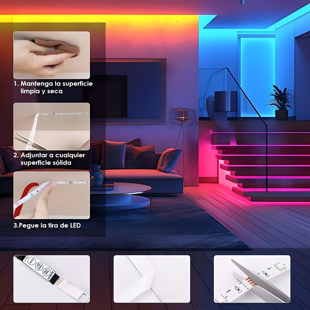 RGB LED灯带，USB 5V供电，3键控制器，可变色可调光，适用于派对氛围、电视背光、卧室、客厅、家居装饰、环境照明、DIY小夜灯、USB小工具、仙女灯、情绪灯、游戏桌搭配灯