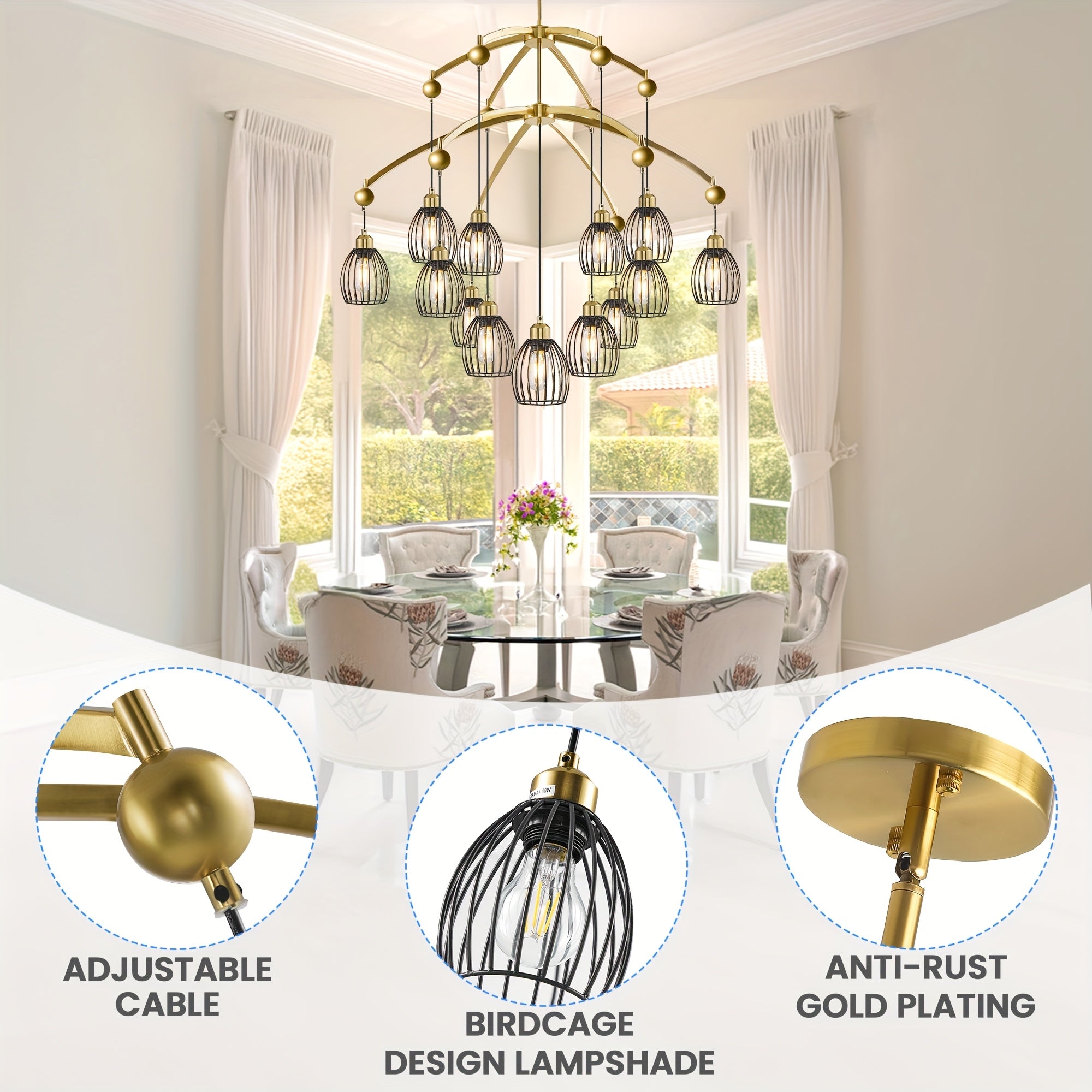 Adjustable farmhouse style pendant light, industrial metal cage ceiling light fixture