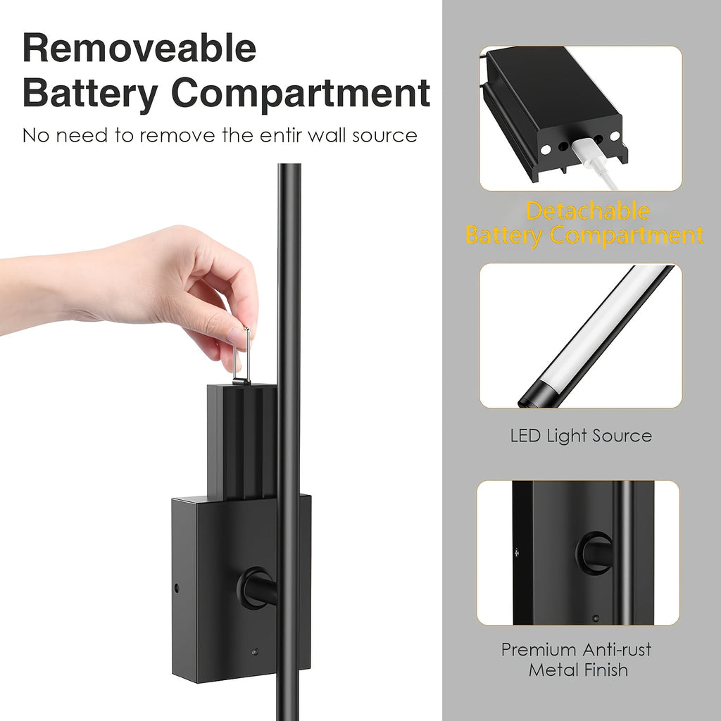 Removable Rechargeable Battery Powered, 31.5-Inch Wireless Wall Light, 360° Adjustable Lighting Angle: Features Include 4 Color Temperatures, Infinite Dimming, Touch and Remote Control Options