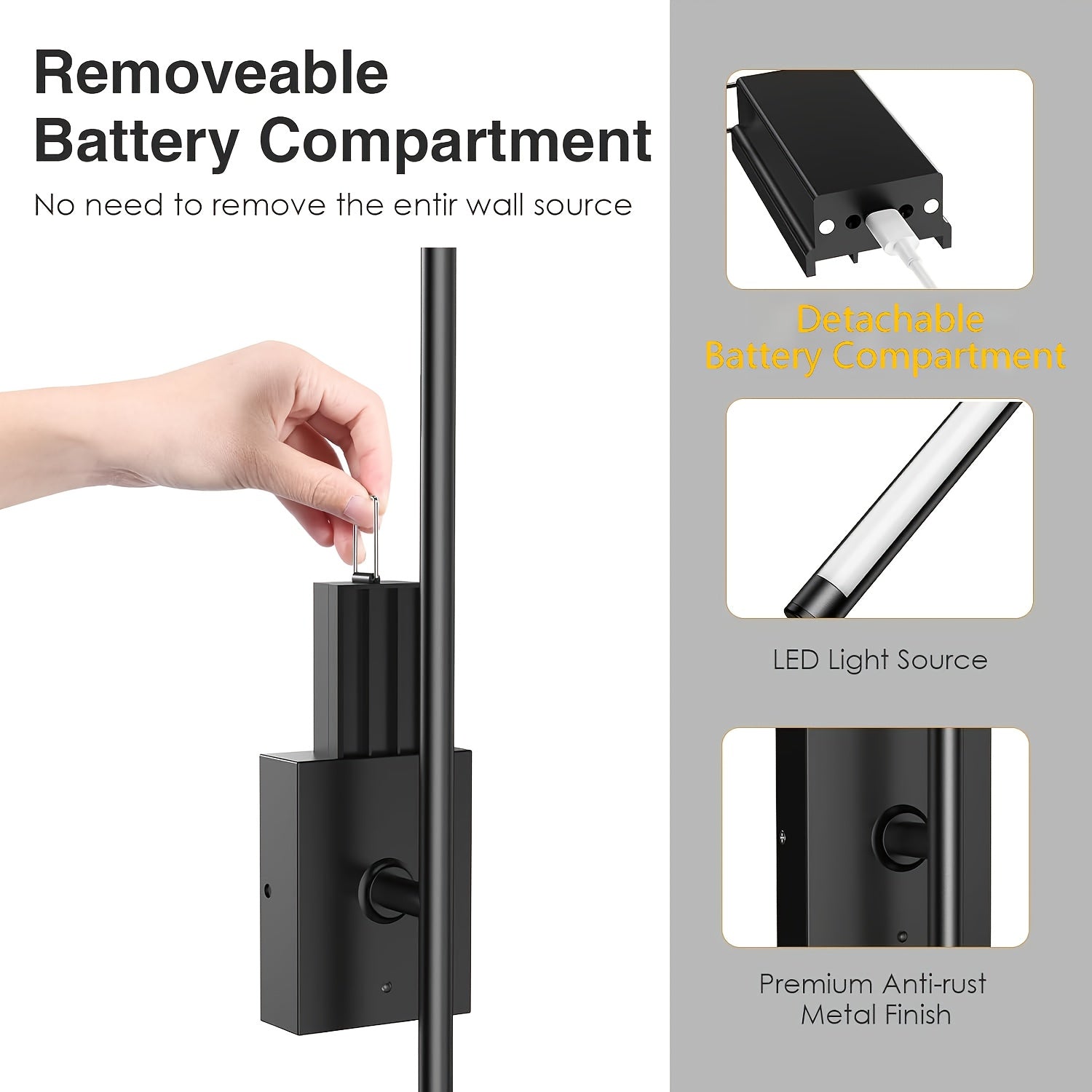 Removable Rechargeable Battery Powered, 31.5-Inch Wireless Wall Light, 360° Adjustable Lighting Angle: Features Include 4 Color Temperatures, Infinite Dimming, Touch and Remote Control Options