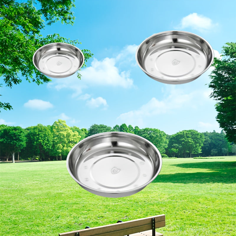 Thickened 304 Stainless Steel Round Plate, Non-Magnetic Multi-Purpose BBQ Plate, Deep Flat-Bottom Dish, Food Tray for Outdoor Camping