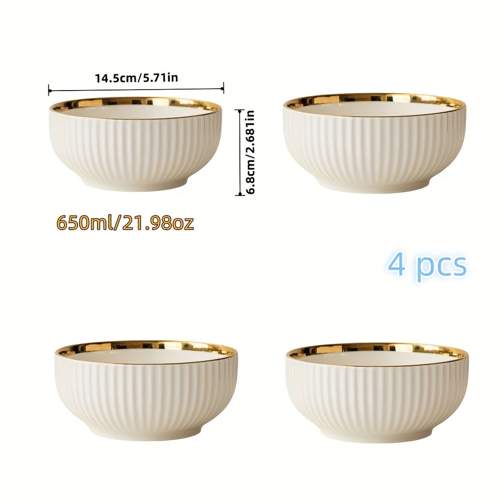 4-Piece Luxury Gold Rim Ceramic Noodle Bowl Set, Salad & Fruit Bowl, Round Kitchen Tableware – Dishwasher Safe
