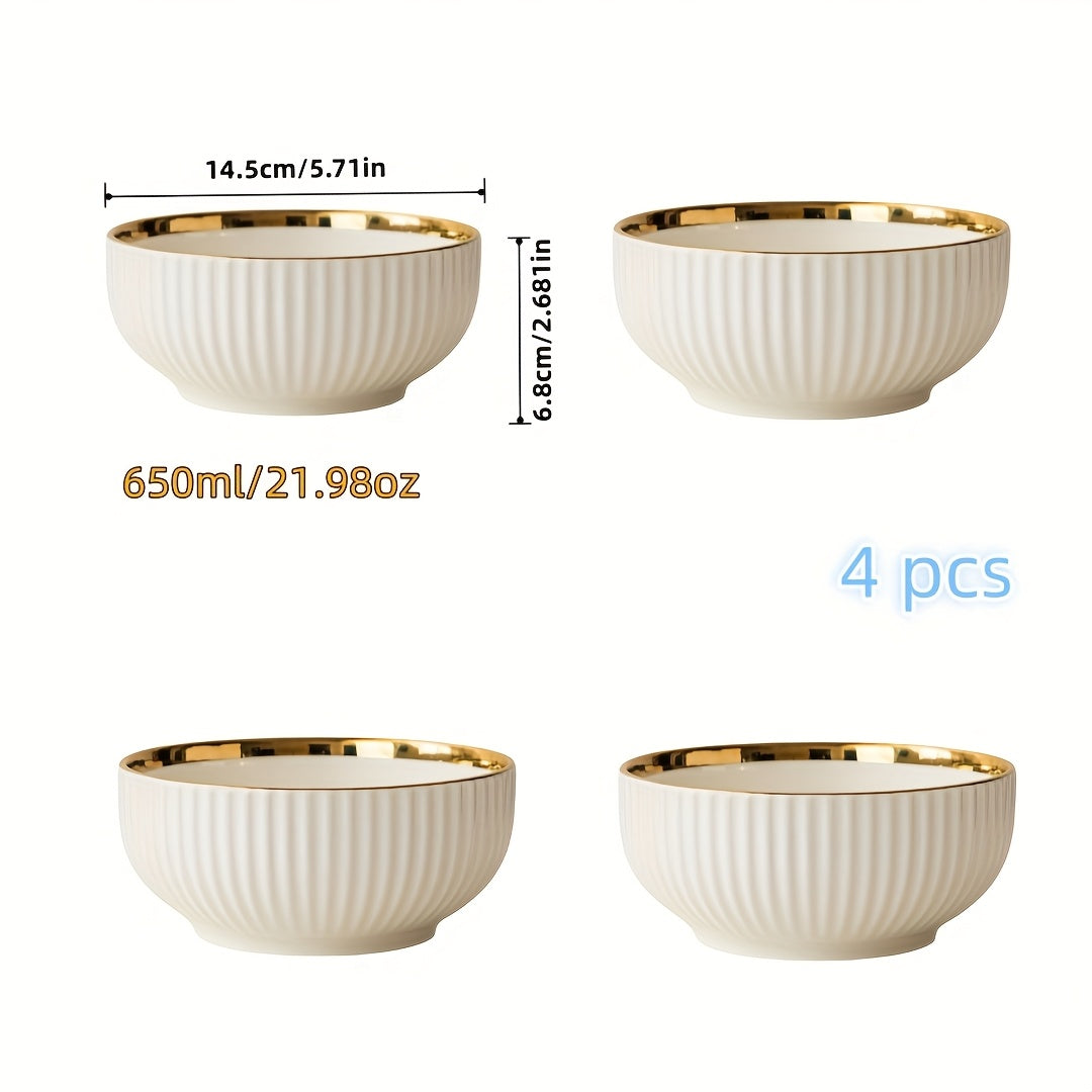 4-Piece Luxury Gold Rim Ceramic Noodle Bowl Set, Salad & Fruit Bowl, Round Kitchen Tableware – Dishwasher Safe