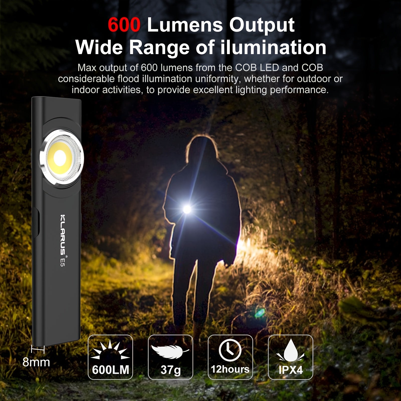 KLARUS E5 Flashlight, Mini Portable High-Intensity Dual Light EDC, Rechargeable Outdoor Magnetic Suction Household Mini Flashlight