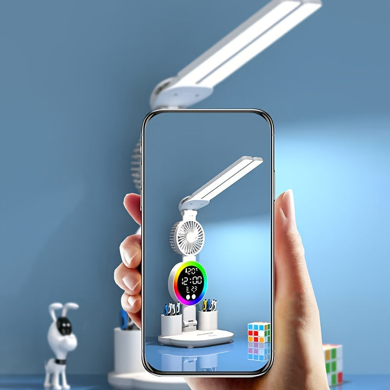 Smart Desk Lamp with Fan + Pen Holder + Time Display - USB Powered Touch Control, 4-Head Adjustable Lighting, Time & Temperature Display, Color Changing, Eye-Caring Design, Ideal for Home Office Dorm Study, Perfect Gift & Study Helper