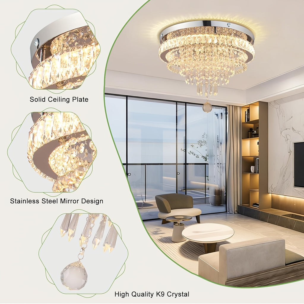 19.7-Inch Modern Crystal Ceiling Light LED Pendant Light, Warm White Light, Recessed Lighting Fixture for Bedroom, Living Room and Dining Room