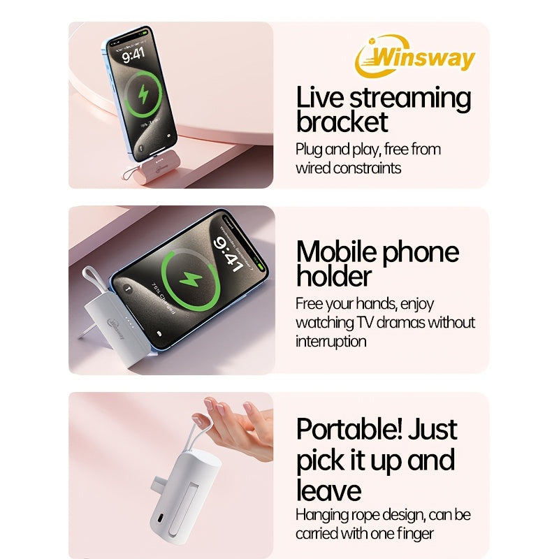 Winsway Mini Capsule Portable Stand Power Bank 5000mAh with Built-in USB-C Data Cable And Dual Ports for Charging Two Devices, Compatible with Most Electronic Devices, Suitable for Giving Friends Exquisite And Compact Gifts During Holidays