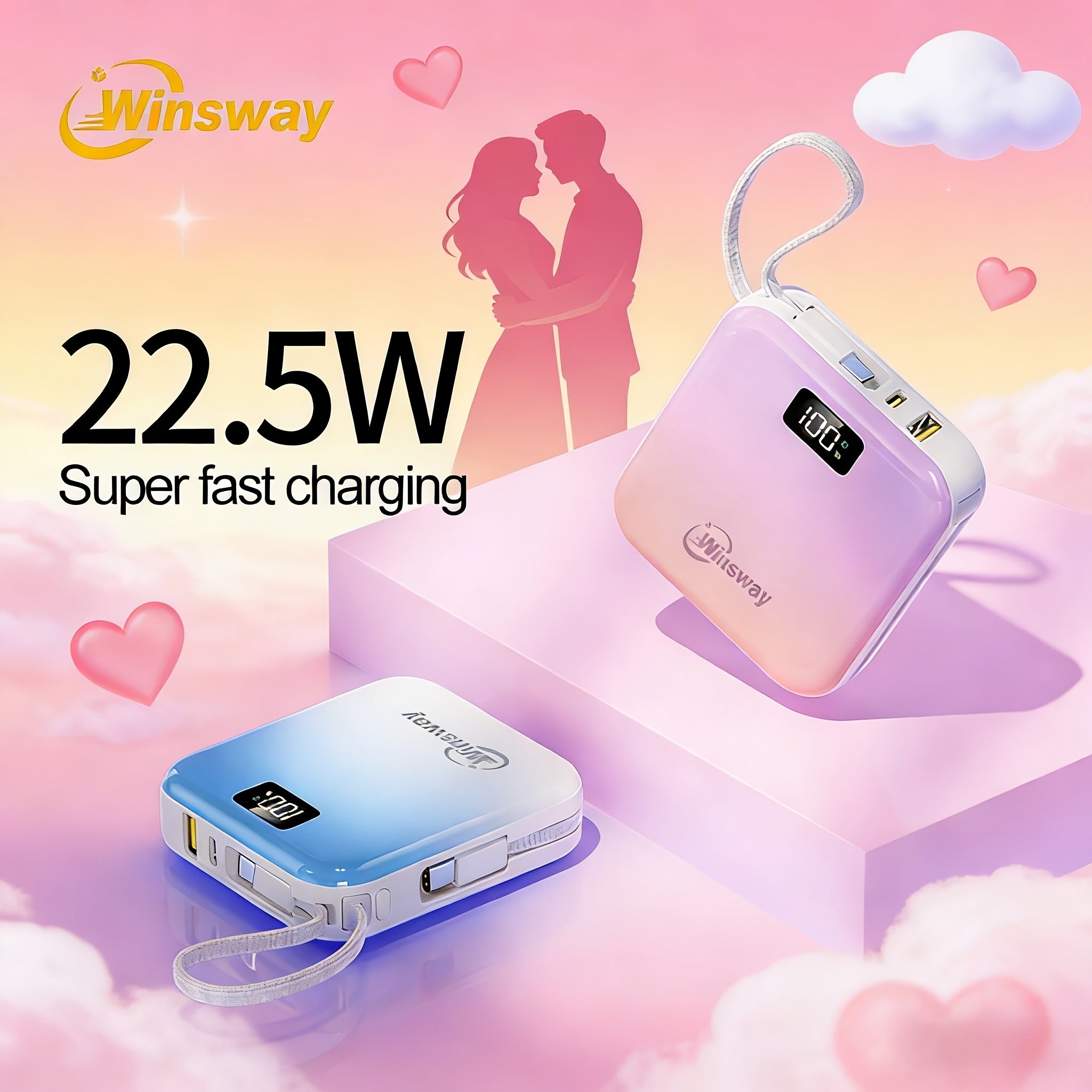 Winsway 2.9英寸迷你充電寶，10000mAh大容量，小巧便攜，內建USB-C雙線輸出，22.5W快充，LED顯示屏，內建掛繩設計，相容多種電子裝置，適合作為高顏值充電寶贈予朋友，聖誕禮物優選