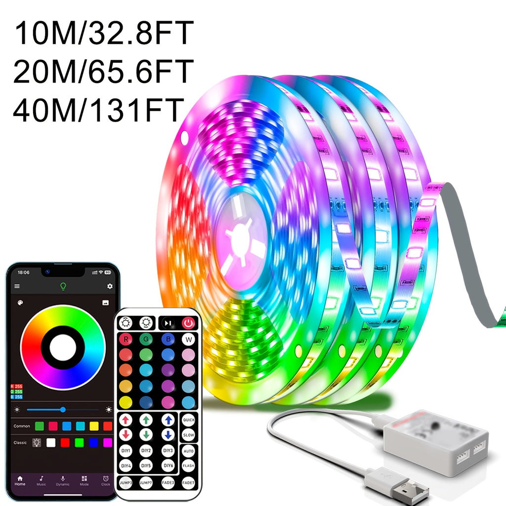 NBBUFF 加长版 LED 灯带，智能房间装饰 RGB 灯条，通过 App 和遥控器控制，带定时、音乐同步、多种场景和 1600 万色，适用于卧室、客厅天花板、万圣节、派对、节日礼物