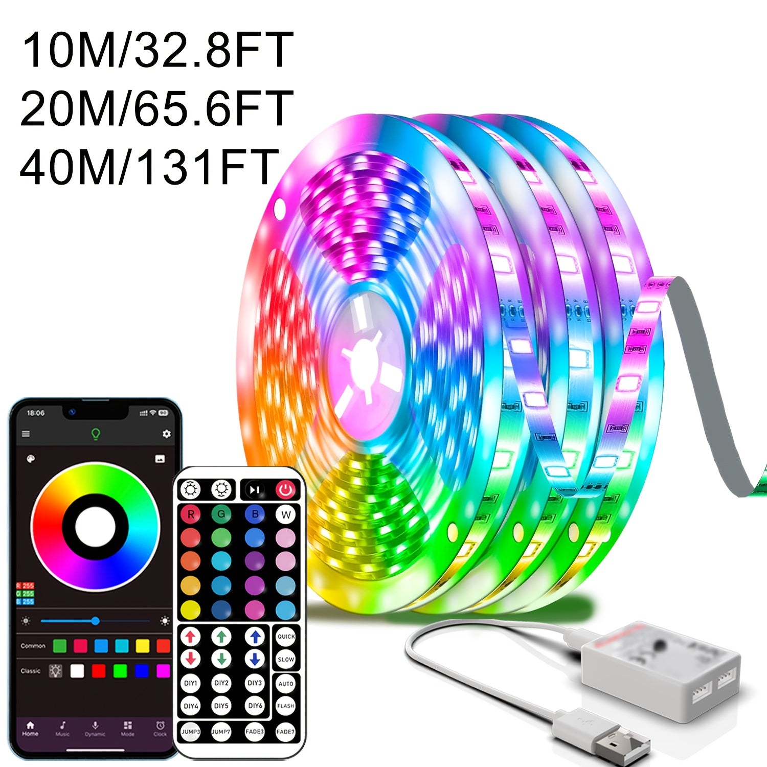 NBBUFF 加长版 LED 灯带，智能房间装饰 RGB 灯条，通过 App 和遥控器控制，带定时、音乐同步、多种场景和 1600 万色，适用于卧室、客厅天花板、万圣节、派对、节日礼物