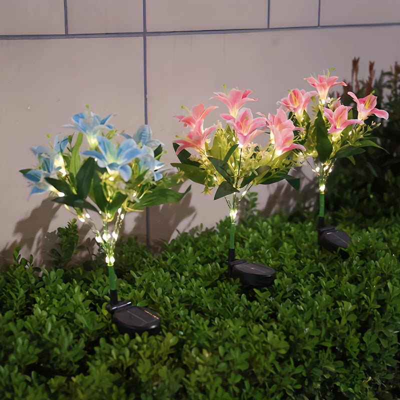 Solar 7-Head Lily Flower Light, Equipped with 42 LED Beads, Solar Decorative Light Designed for Outdoor Pink Garden, Solar Courtyard Party Decorative Light, Light Sensor, Party Atmosphere Light