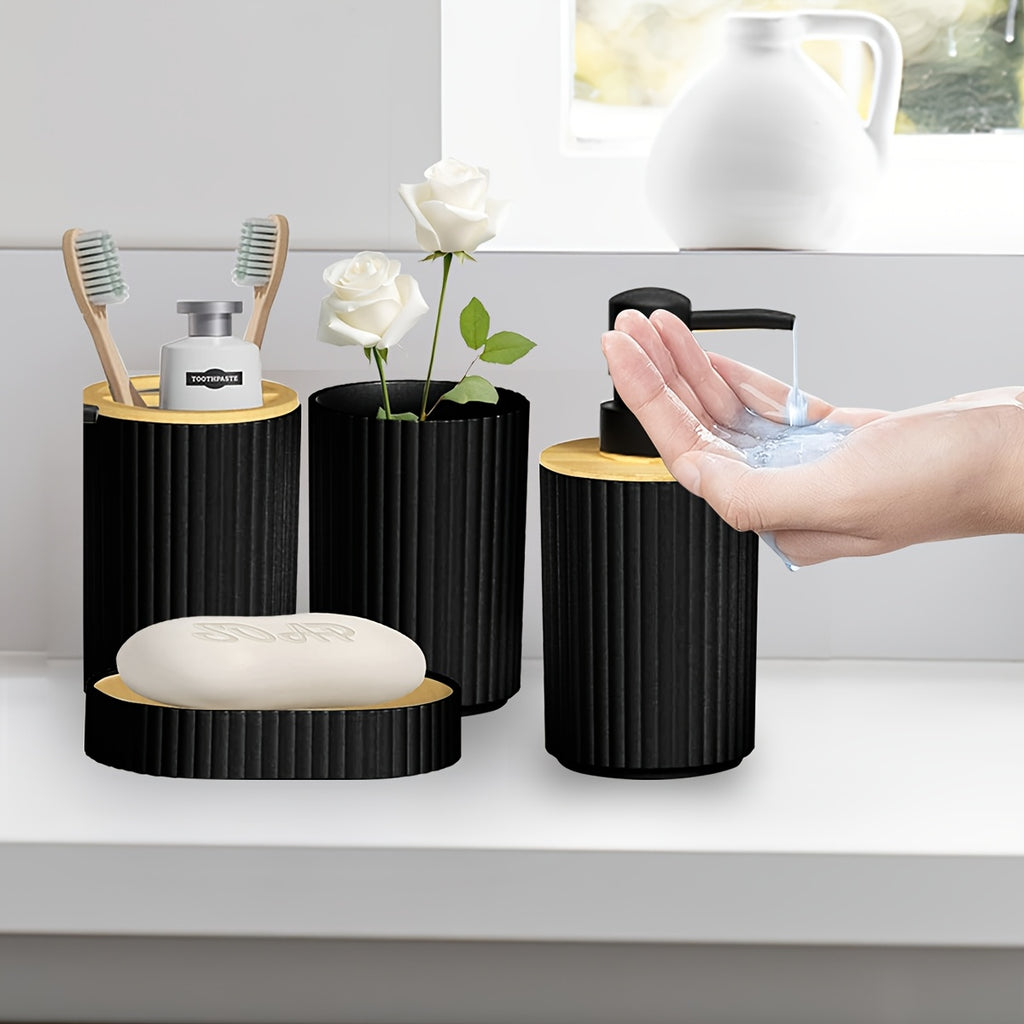 4-Piece Bathroom Accessory Set - Countertop Hand Soap Bottle, Toothbrush Holder, Soap Dish, Bathroom Storage Organizer & Stand