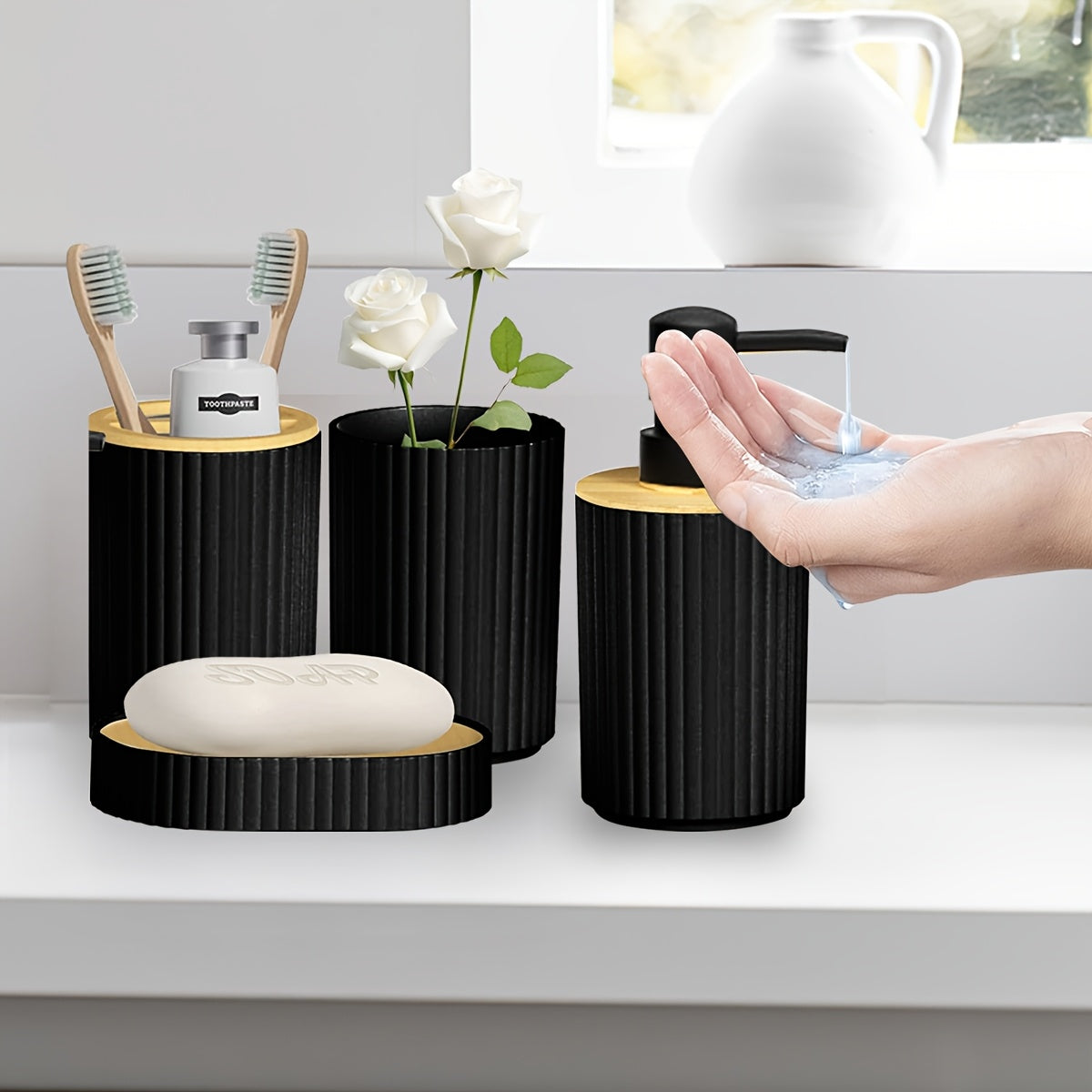 4-Piece Bathroom Accessory Set - Countertop Hand Soap Bottle, Toothbrush Holder, Soap Dish, Bathroom Storage Organizer & Stand