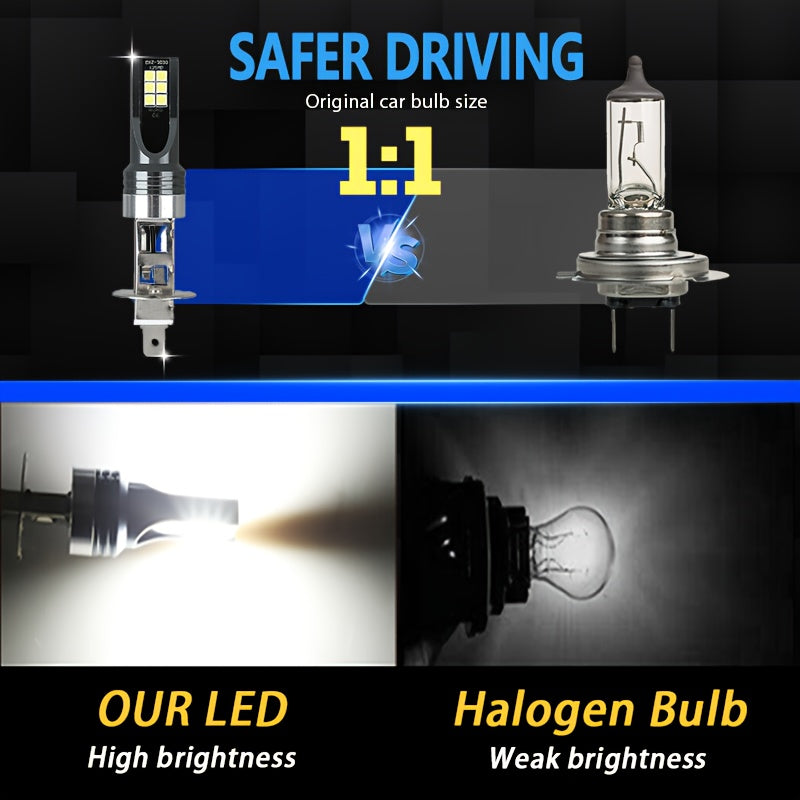 2Pcs H1 LED Headlight Bulbs, Super Bright 1:1 Mini Size Car Light, No Adapter Plug-and-Play, High Power 6500K White Light Canbus H1 Fog Light Bulb, No Battery Included