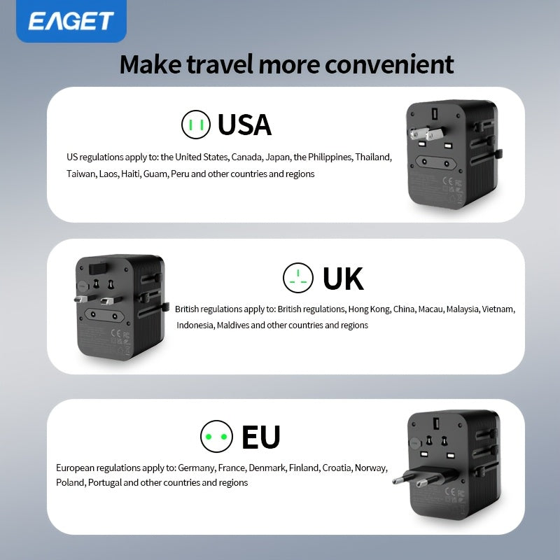 1pc Eaget Greatest Universal Travel Adapter Plus+ Power Strips | 2Usb And 2Type-C Ports, 100V-250V Input, Us/Eu/Uk/Au Plugs, Short-Circuit Protection, All-In-One Wall Charger High-Speed Travel Adapter For Over 350+ Countries