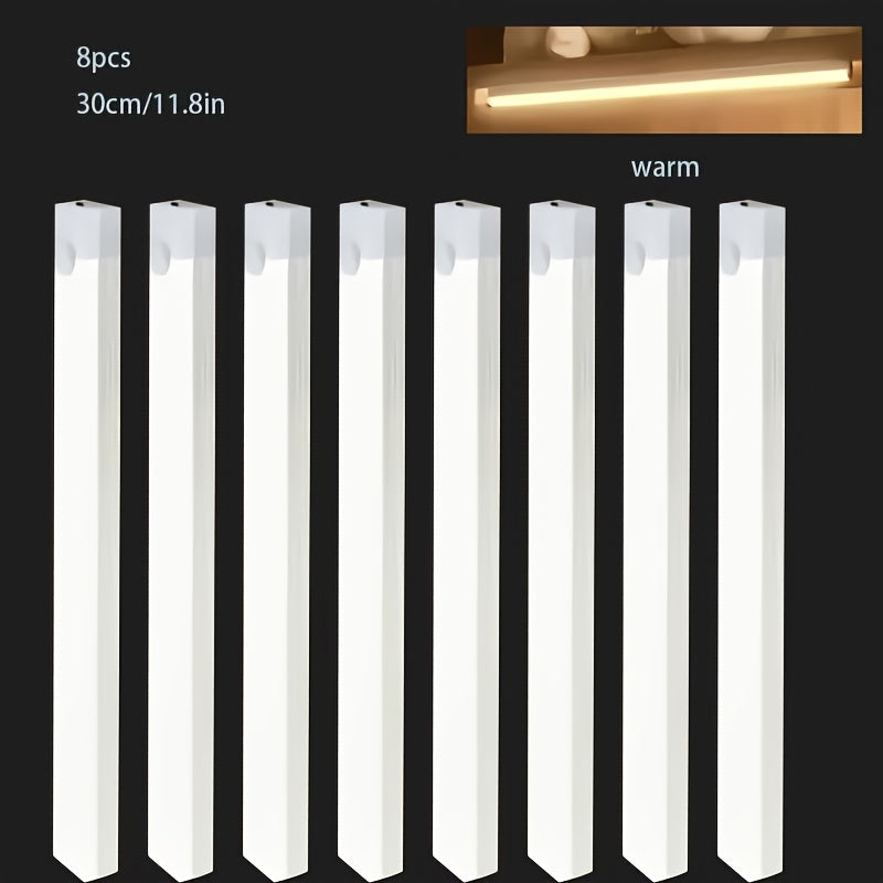 8-pack smart motion sensor LED light, household lighting tube, USB rechargeable + magnetic installation, suitable for cabinets, wardrobes, bookshelves, sinks, DIY night light. Bookshelf lighting, cabinet lighting, minimalist design