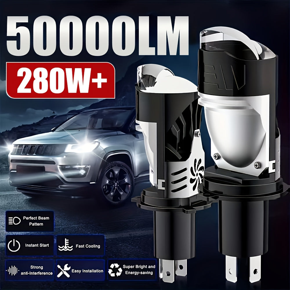 2个pcs H4-QK015高低光束CSPLED前灯，50000流明，6500K，280W高功率，800%亮度，具有个透镜和Canbus兼容性，安装方便，设计为插件即用，全能一体灯泡，先进照明技术，12v