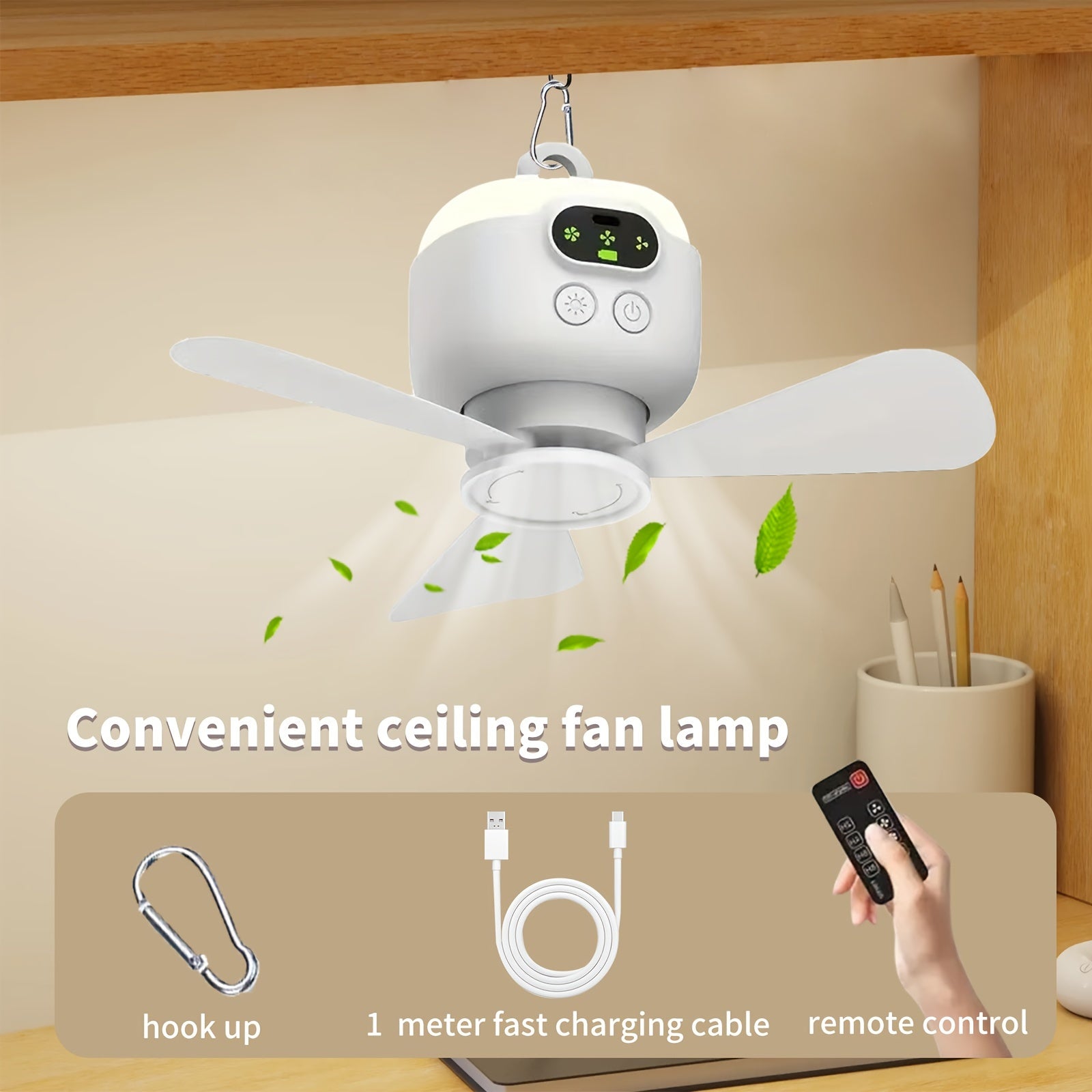 8000mAh Large Capacity USB Rechargeable Mini Ceiling Fan, Camping Fan with Night Light, 3 Speed Levels, Outdoor Portable Hanging Tent Fan, 12H Long Battery Life High Wind Power, Ideal for Camping and Fishing