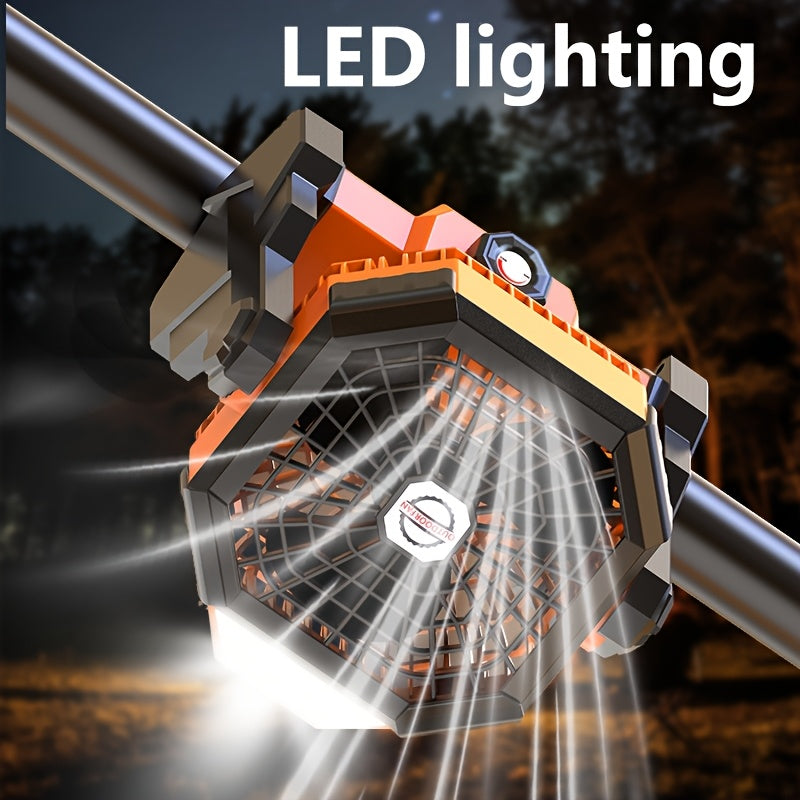 USB Rechargeable Outdoor Camping Fan, Large Capacity Battery, 5-25 Hours Ultra Long Endurance, Stepless Speed Regulation, 3 Levels LED Lighting, 270° Adjustable Angle, Desktop & Tent Hanging Dual Use, Portable High Power Charging Fan Ideal for Summer